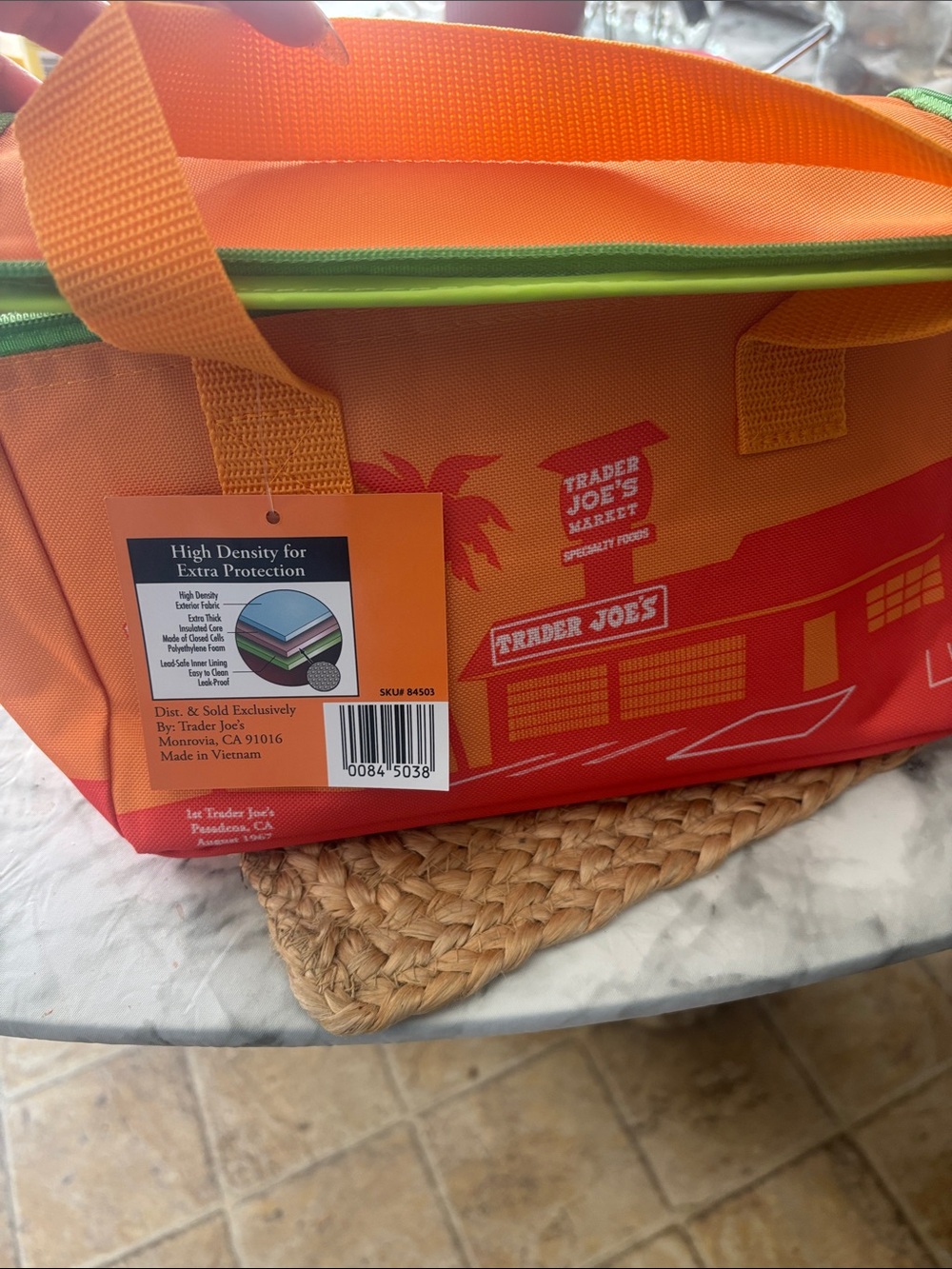 Trader Joe's Orange and Red Insulated Tote with Green Trim
